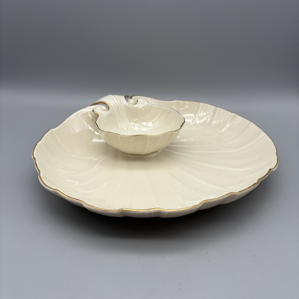 Vintage Lenox Aegean Clamshell Serving Bowl Chip Dip Dish Ivory Gold Trim